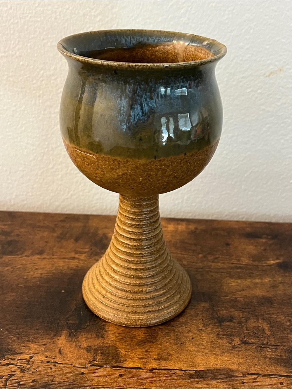 Vintage Pigeon Forge Pottery Stoneware Chalice Goblet Ribbed Stem Blue Glaze